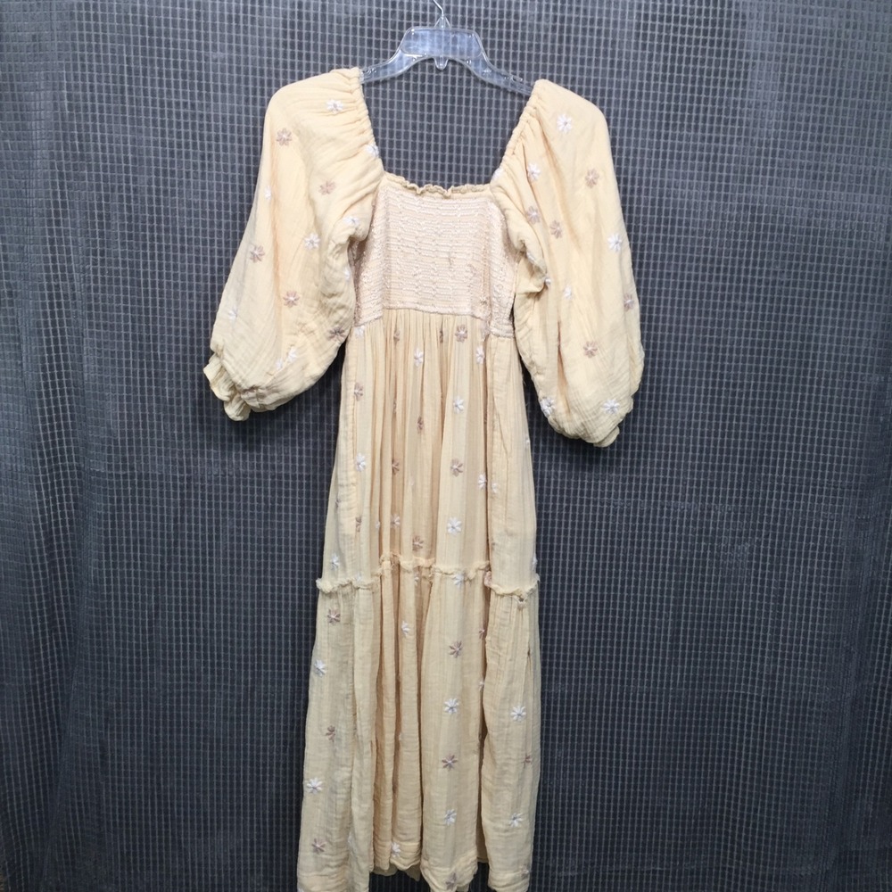 Free People Beige Embroidered Smocked Midi Dress Puff Sleeve Boho Floral Small - Picture 2 of 11